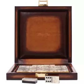 Exclusive domino set "Alligator" made of leather, cognac